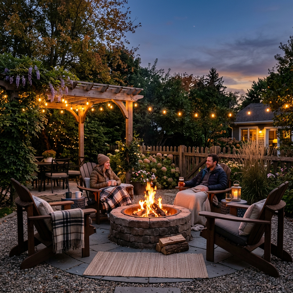 Couple sitting on wooden chairs around a fire pit with blankets and warm drinks in a backyard at dusk