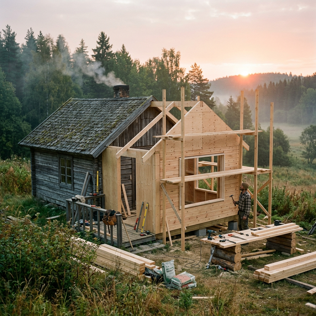 Man building wooden extension on rustic cabin surrounded by forest at sunset