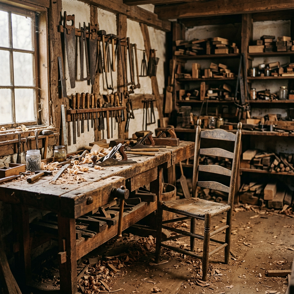 Traditional woodworking workshop with hand tools, workbench, and wooden chair